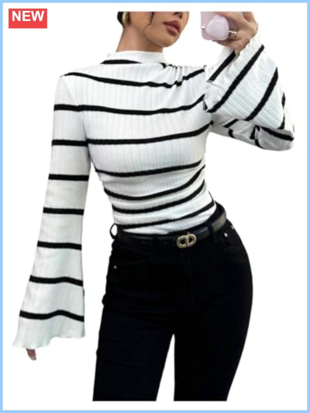 Striped Mock Neck Bell Long Sleeve Rib Knit Slim Fit Top